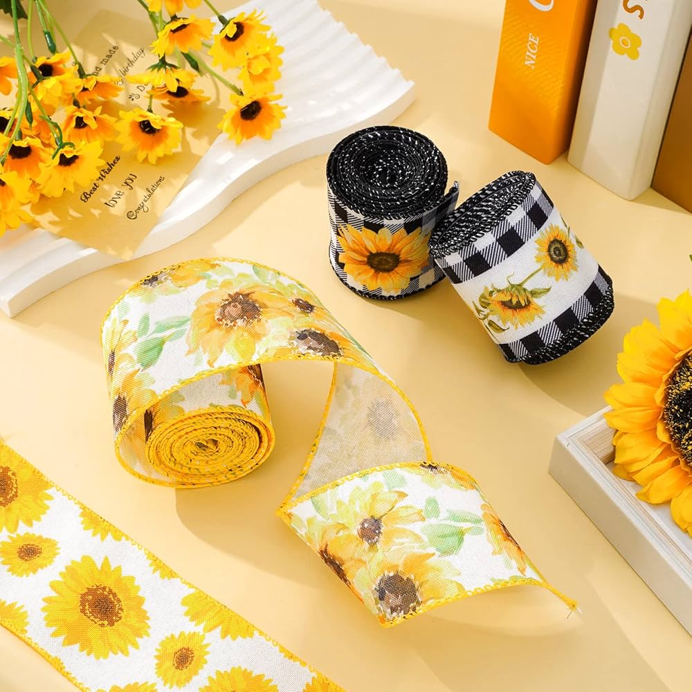 sunflower ribbon品 Amazon.com: Whaline Sunflower Wired Edge Ribbon 30 Yard